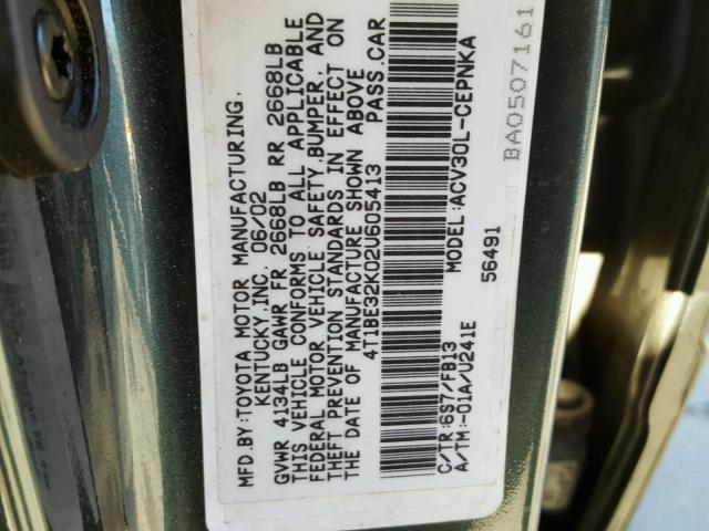 4T1BE32K02U605413 - 2002 TOYOTA CAMRY LE ლურჯი ფოტო 10