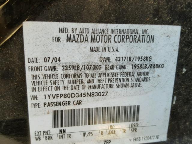 1YVFP80D345N83027 - 2004 MAZDA 6 S BLACK photo 10