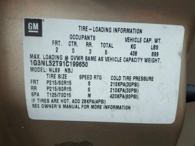 1G3NL52T91C199650 - 2001 OLDSMOBILE ALERO GL GOLD photo 10