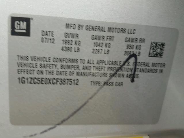 1G1ZC5E0XCF387512 - 2012 CHEVROLET MALIBU 1LT ვერცხლისფერი ფოტო 10