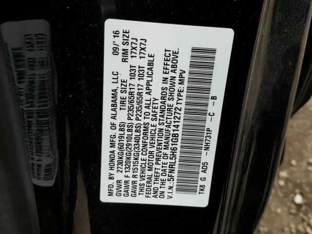 5FNRL5H61GB141272 - 2016 HONDA ODYSSEY EX BLACK photo 10