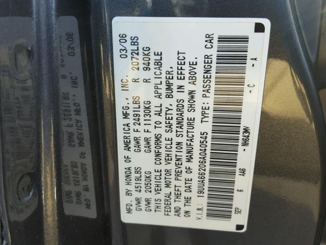 19UUA66206A040545 - 2006 ACURA 3.2TL GRAY photo 10