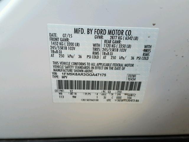 1FM5K8AR3GGA47175 - 2016 FORD EXPLORER P WHITE photo 10