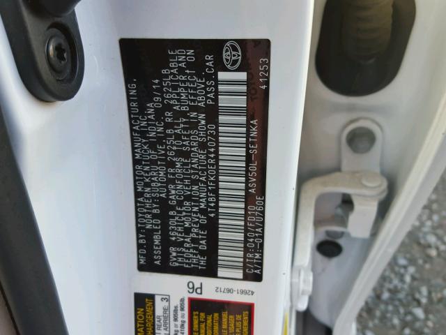 4T4BF1FK0ER440730 - 2014 TOYOTA CAMRY L WHITE photo 10