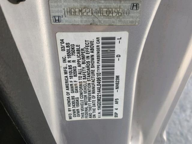 1HGEM22144L049610 - 2004 HONDA CIVIC DX V SILVER photo 10