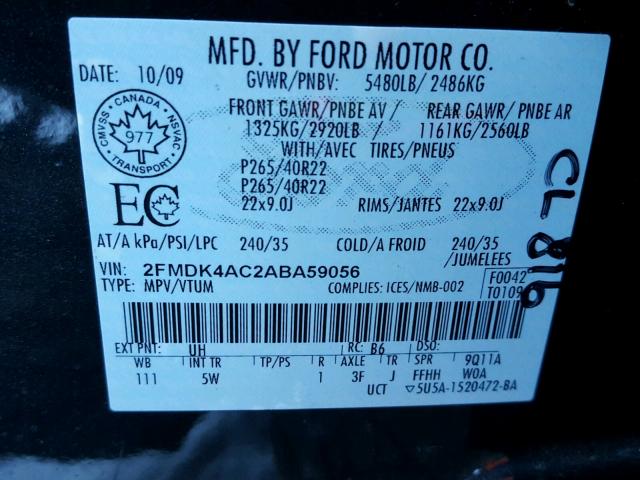 2FMDK4AC2ABA59056 - 2010 FORD EDGE SPORT BLACK photo 10