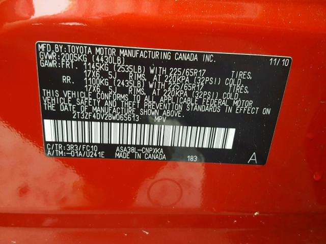 2T3ZF4DV2BW065613 - 2011 TOYOTA RAV4 RED photo 10