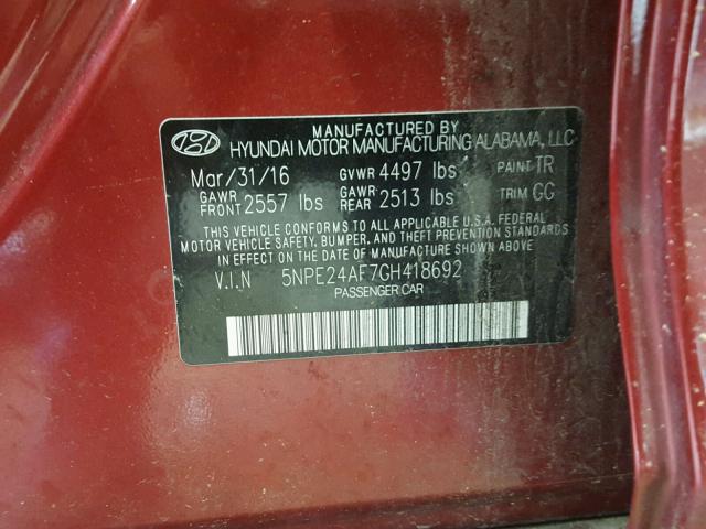 5NPE24AF7GH418692 - 2016 HYUNDAI SONATA SE RED photo 10