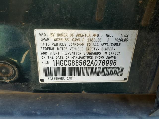 1HGCG66562A076996 - 2002 HONDA ACCORD LX GREEN photo 10