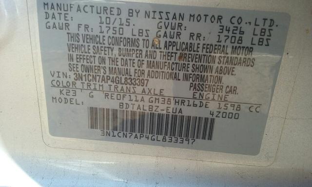 3N1CN7AP4GL833397 - 2016 NISSAN VERSA S SILVER photo 10