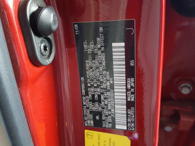 JTJGW31U082010010 - 2008 LEXUS RX 400H RED photo 10