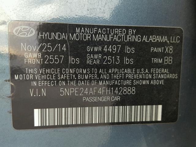 5NPE24AF4FH142888 - 2015 HYUNDAI SONATA SE BLUE photo 10