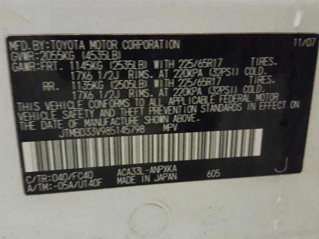 JTMBD33V985145798 - 2008 TOYOTA RAV4 WHITE photo 10