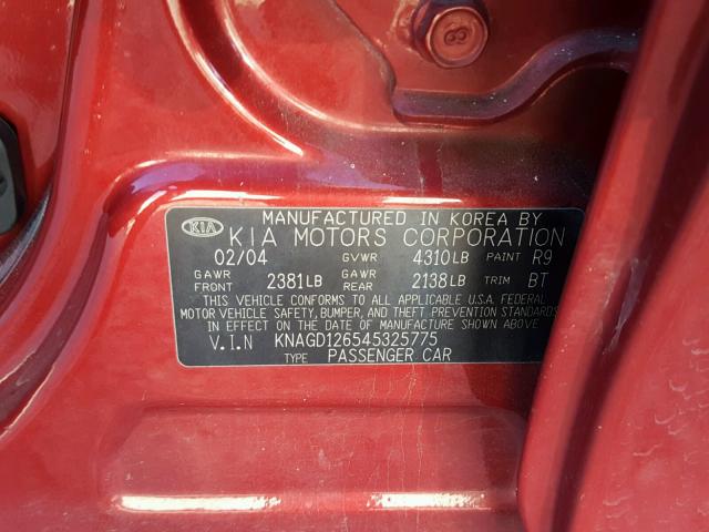 KNAGD126545325775 - 2004 KIA OPTIMA LX MAROON photo 10