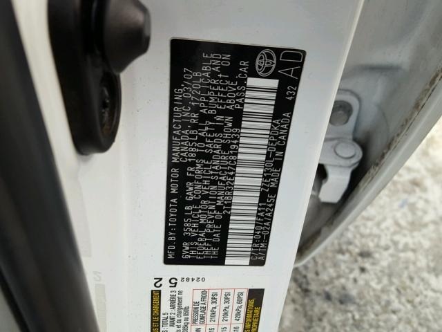 2T1BR32E47C819439 - 2007 TOYOTA COROLLA CE WHITE photo 10