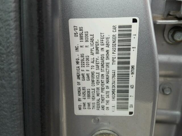 1HGCM563X7A178441 - 2007 HONDA ACCORD SE SILVER photo 10