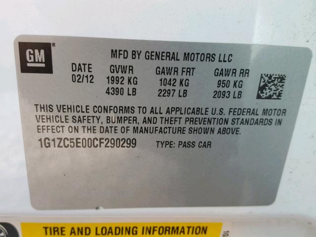 1G1ZC5E00CF290299 - 2012 CHEVROLET MALIBU 1LT WHITE photo 10