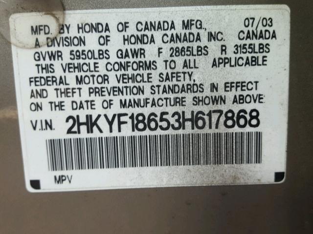 2HKYF18653H617868 - 2003 HONDA PILOT EXL GOLD photo 10