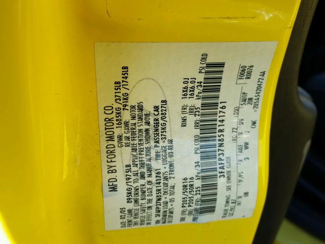 3FAFP37N85R141761 - 2005 FORD FOCUS ZX5 YELLOW photo 10