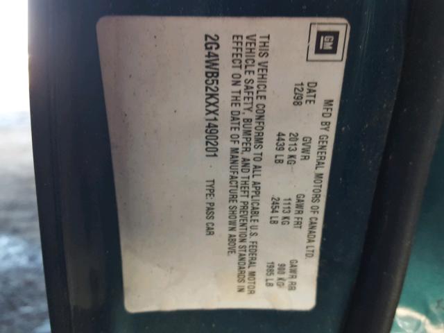 2G4WB52KXX1490201 - 1999 BUICK REGAL LS GREEN photo 10