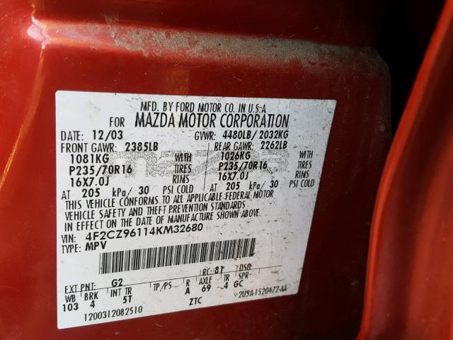 4F2CZ96114KM32680 - 2004 MAZDA TRIBUTE ES 红色 照片 10