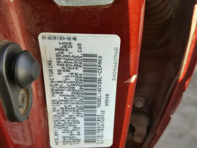 4T1BE32K22U003094 - 2002 TOYOTA CAMRY LE Kastanienbraun Foto 10