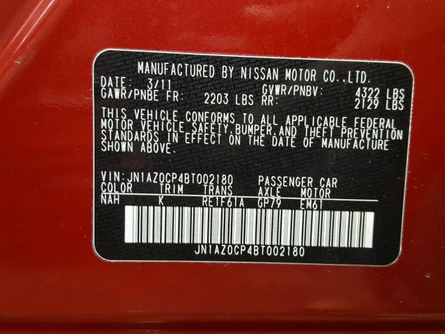 JN1AZ0CP4BT002180 - 2011 NISSAN LEAF SV RED photo 10