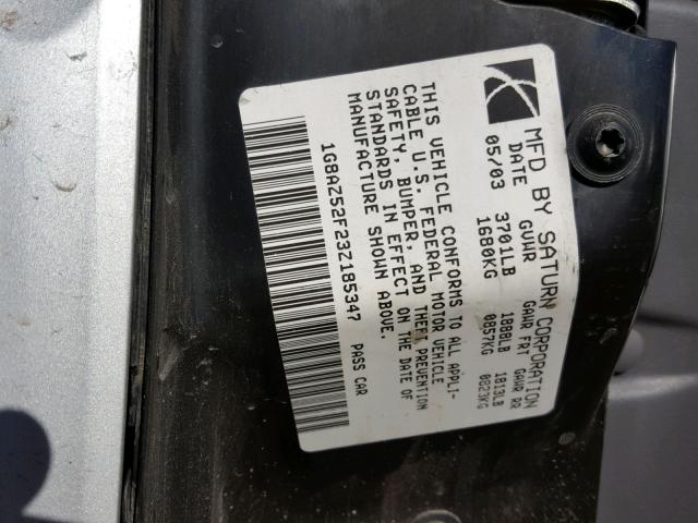 1G8AZ52F23Z185347 - 2003 SATURN ION LEVEL SILVER photo 10