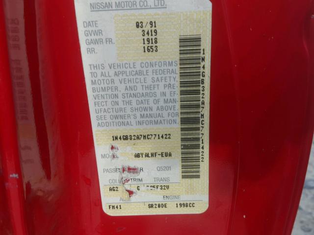 1N4GB32A7MC771422 - 1991 NISSAN SENTRA SE- RED photo 10