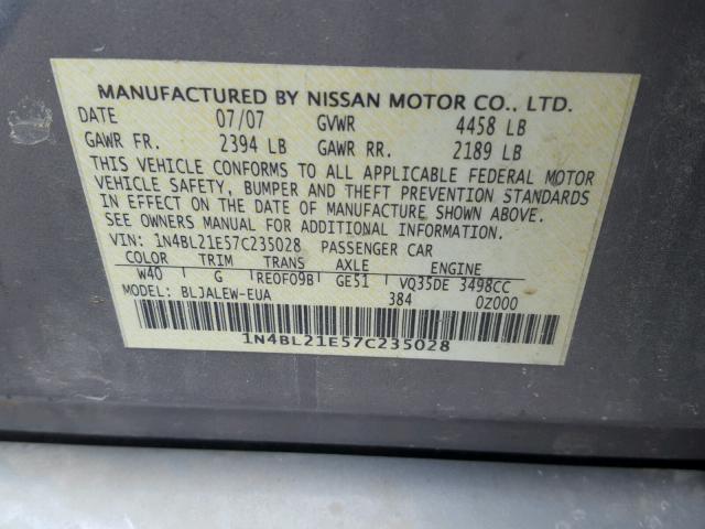 1N4BL21E57C235028 - 2007 NISSAN ALTIMA 3.5 GRAY photo 10