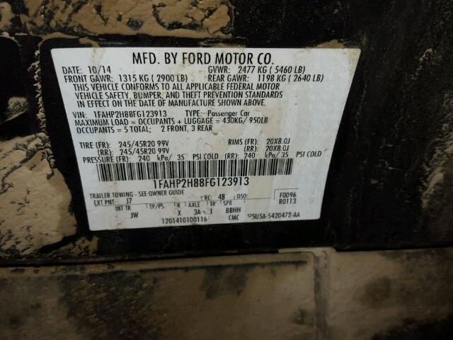 1FAHP2H88FG123913 - 2015 FORD TAURUS SEL GRAY photo 10