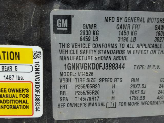 1GNKVGKD0FJ388344 - 2015 CHEVROLET TRAVERSE L GRAY photo 10