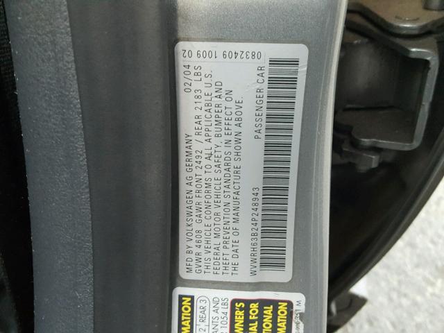 WVWRH63B24P248943 - 2004 VOLKSWAGEN PASSAT GLX GRAY photo 10