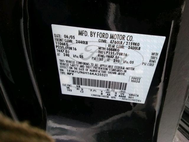 1FMYU96H16KA35521 - 2006 FORD ESCAPE HEV BLACK photo 10