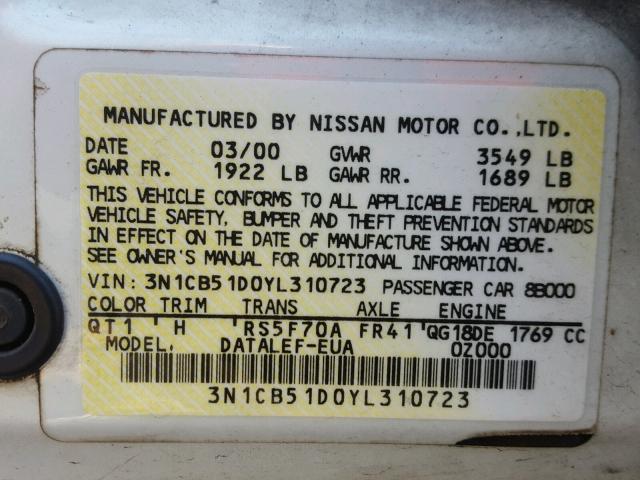 3N1CB51D0YL310723 - 2000 NISSAN SENTRA BAS WHITE photo 10