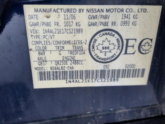 1N4AL21E17C121989 - 2007 NISSAN ALTIMA 2.5 BLUE photo 10