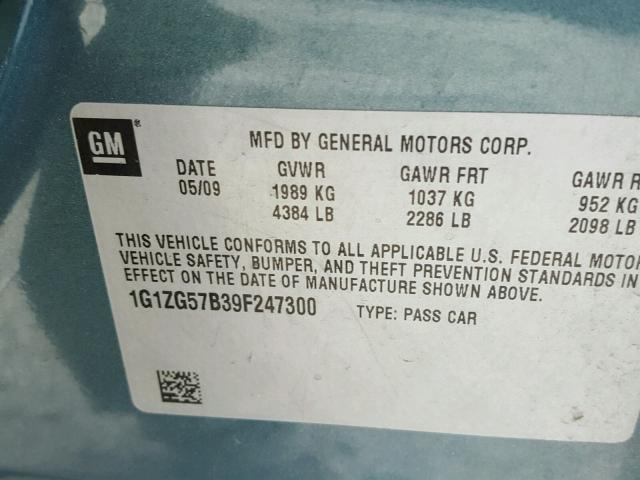 1G1ZG57B39F247300 - 2009 CHEVROLET MALIBU LS TEAL photo 10