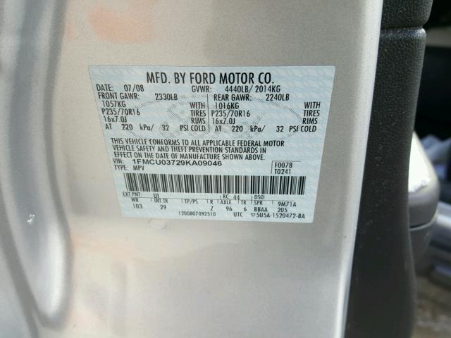 1FMCU03729KA09046 - 2009 FORD ESCAPE XLT SILVER photo 10