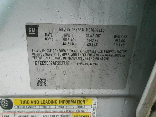 1G1ZC5E02AF253736 - 2010 CHEVROLET MALIBU 1LT 银色 照片 10