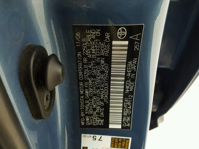 JTDKB20UX77594597 - 2007 TOYOTA PRIUS BLUE photo 10