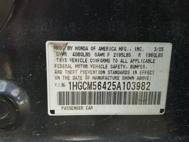 1HGCM56425A103982 - 2005 HONDA ACCORD LX CHARCOAL photo 10