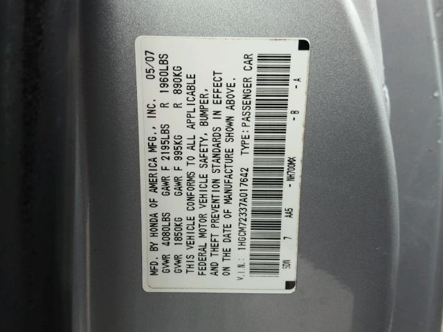 1HGCM72337A017642 - 2007 HONDA ACCORD LX SILVER photo 10