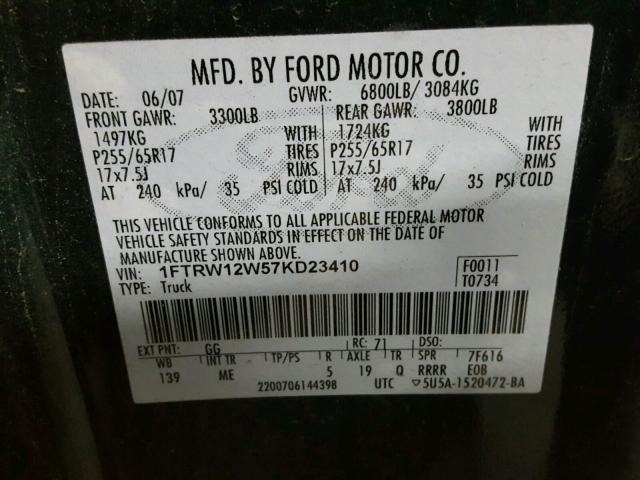 1FTRW12W57KD23410 - 2007 FORD F150 SUPER GREEN photo 10