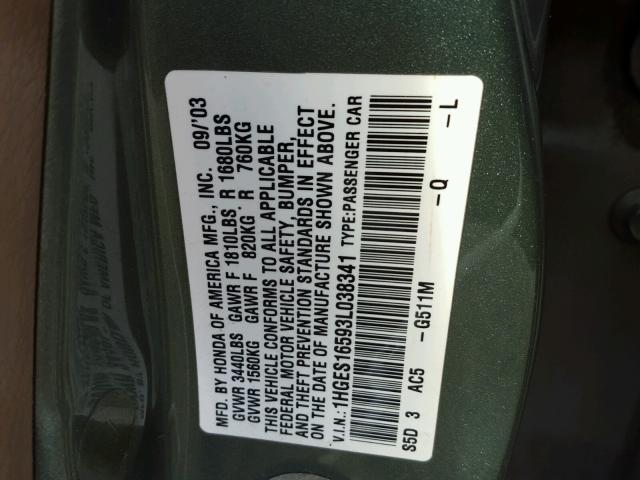 1HGES16593L038341 - 2003 HONDA CIVIC LX GREEN photo 10