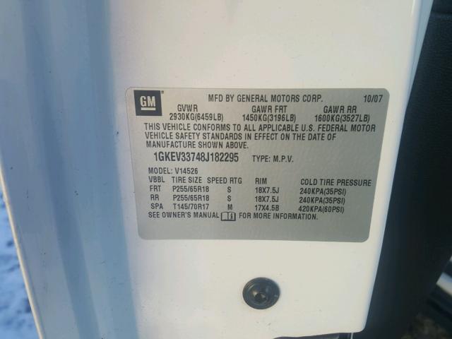 1GKEV33748J182295 - 2008 GMC ACADIA SLT თეთრი ფოტო 10