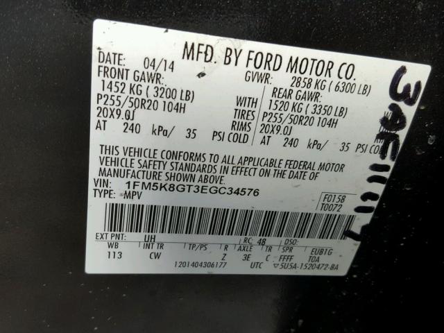 1FM5K8GT3EGC34576 - 2014 FORD EXPLORER S BLACK photo 10