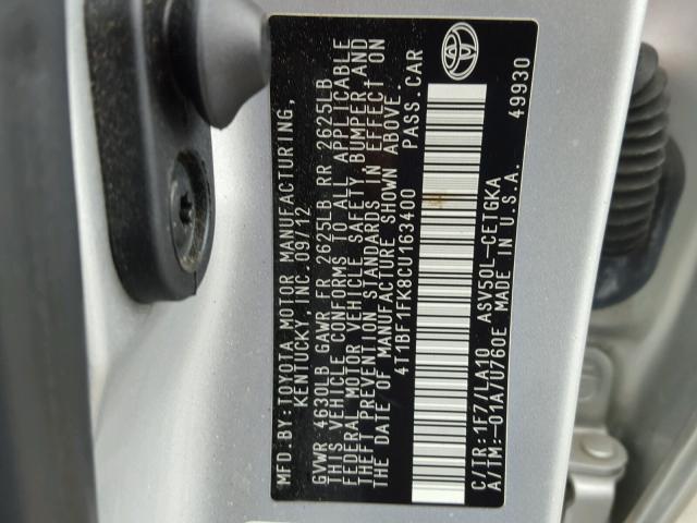 4T1BF1FK8CU163400 - 2012 TOYOTA CAMRY BASE SILVER photo 10