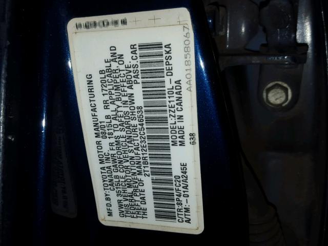 2T1BR12E32C546538 - 2002 TOYOTA COROLLA CE BLUE photo 10