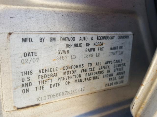 KL1TD56667B149447 - 2007 CHEVROLET AVEO BASE Srebrny zdjęcie 10