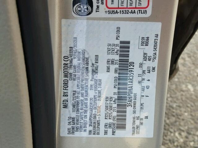 3FAHP0HA1AR359120 - 2010 FORD FUSION SE GRAY photo 10